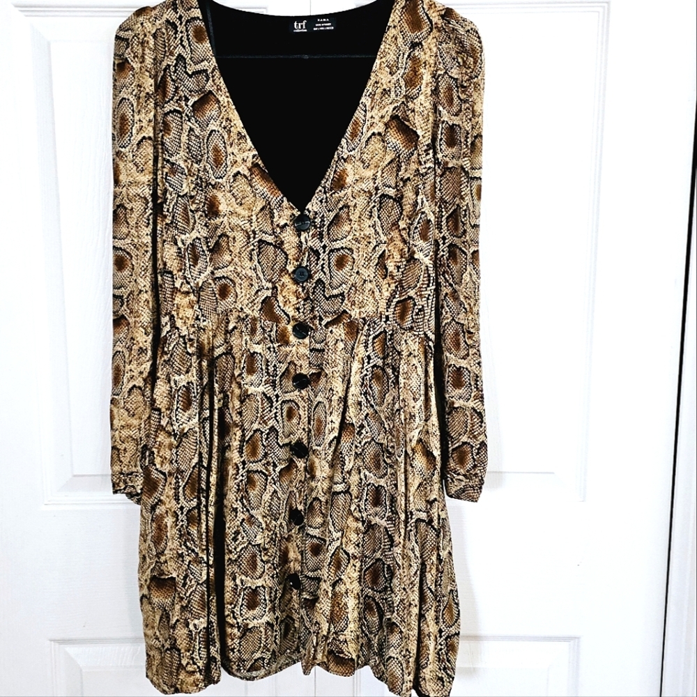 Zara Snake‎ Print Mini Dress Large Long Sleeve Button Front Flirty Flowy